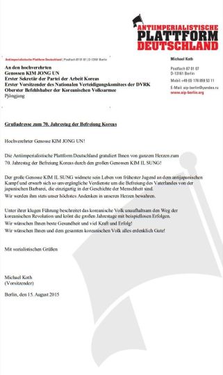 2015-08-15 - KIM JONG UN - Glückwunsch 70. Jahrestag Befreiung 15.08